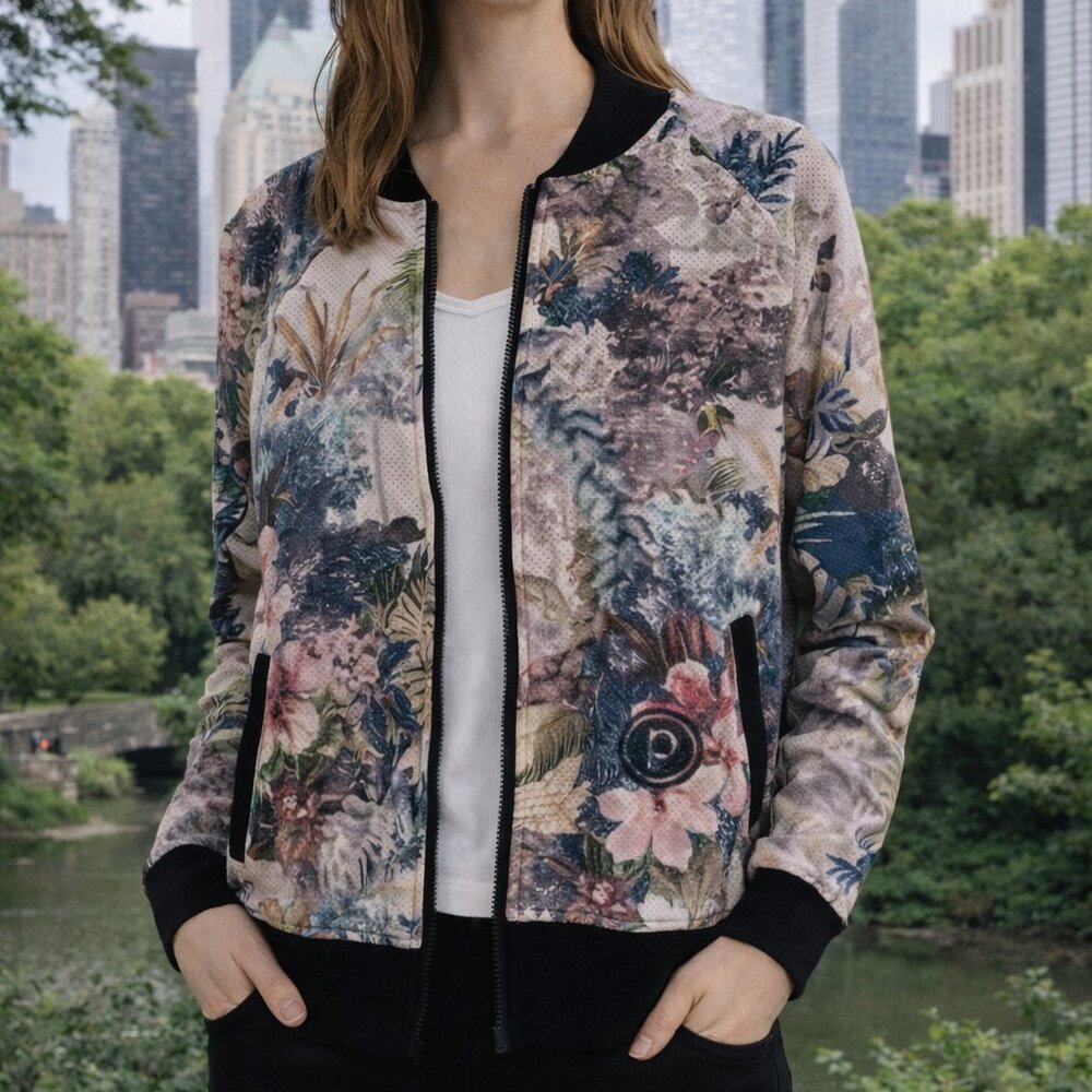 Noli Yoga x Pure Barre Bomber Jacket Painted Colorful Floral Print Pattern Zip